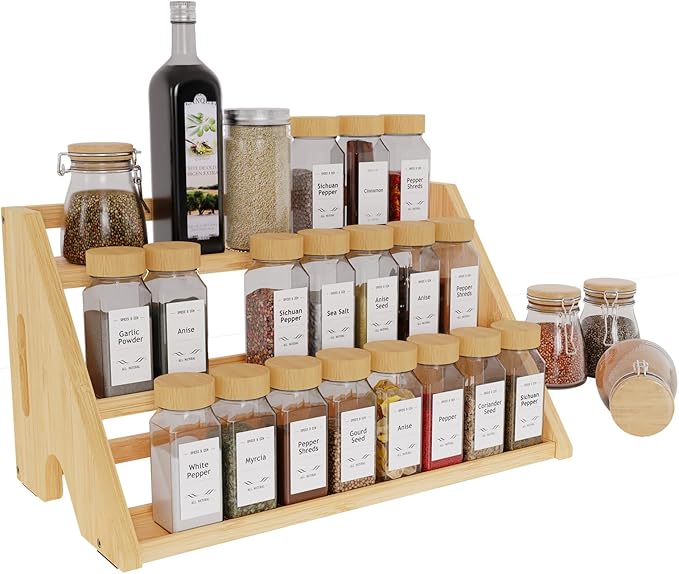 Bamboo Spice Rack Organizer -3-Tier Spice Rack for Countertop,Cabinet Spice Rack Organizer for 27 Spice Jars(4oz)，Step Shelf (yellow)-Ruum Studio Home