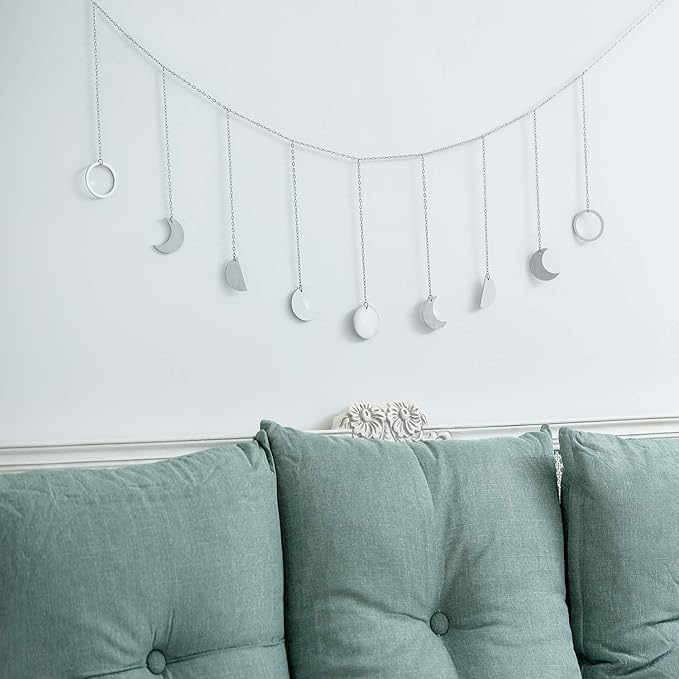 Mkono Moon Phase Wall Hanging Boho Aesthetic Room Decor Metal Moons Garland Hanging Art Bohemian Home Decoration for Girls Room Nursery Bedroom Livingroom Dorm, Ideal, Silver, 50"-Ruum Studio Home