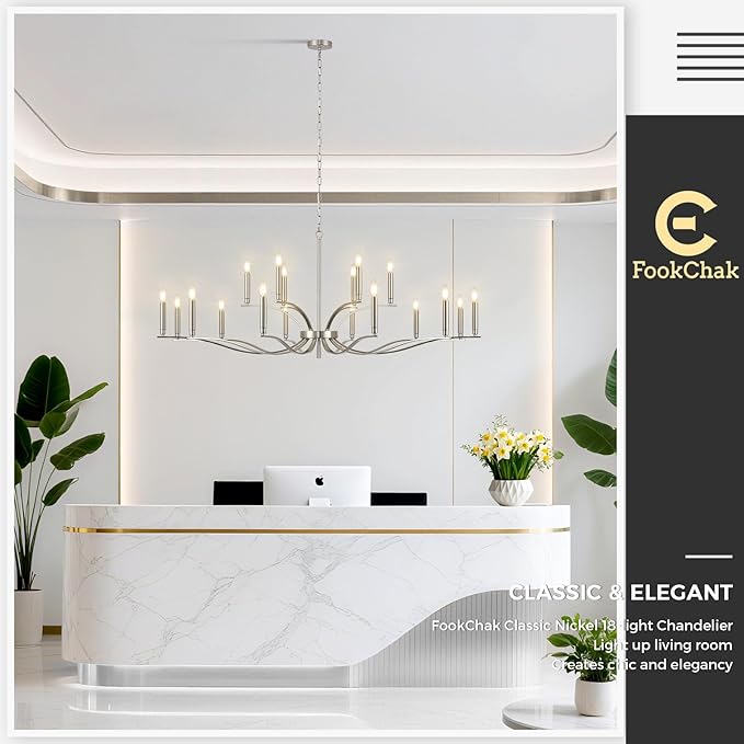 18 Light Nickel Living Room Chandelier High Ceiling Foyer Candle Chandelier Large Modern 59in Metal Chandeliers Hanging Light for Master Bedroom Dining Room Light Fixture Over Table-Ruum Studio Home