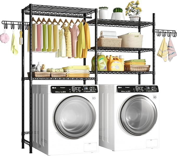 Ulif 65.3" W x 13.4" D x 77.5" H Clothes Drying Rack, 5 Tiers Over Washer and Dryer Laundry Room Storage and Organizer, Heavy-Duty Space Saver, Black-Ruum Studio Home