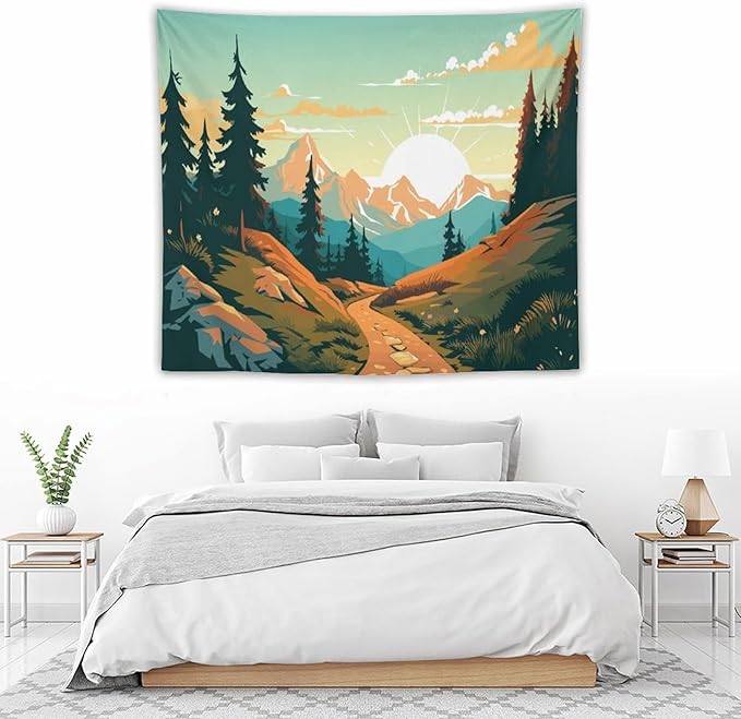 HZOHNAGO Mountain Tapestry Forest Mountain Sunrise Road Pattern Printed Wall Tapestry Wall Hanging for Bedroom Living Room Dorm 60" W x 50" H-Ruum Studio Home