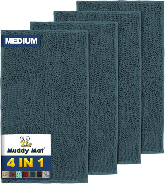Muddy Mat® 4-Piece Atlantic Blue Medium 30"X19" AS-SEEN-ON-TV Highly Absorbent Microfiber Door Mat, Bath Mat and Pet Rug, Non Slip Thick Washable, Soft Chenille for Kitchen Bedroom Indoor and Outdoor-Ruum Studio Home