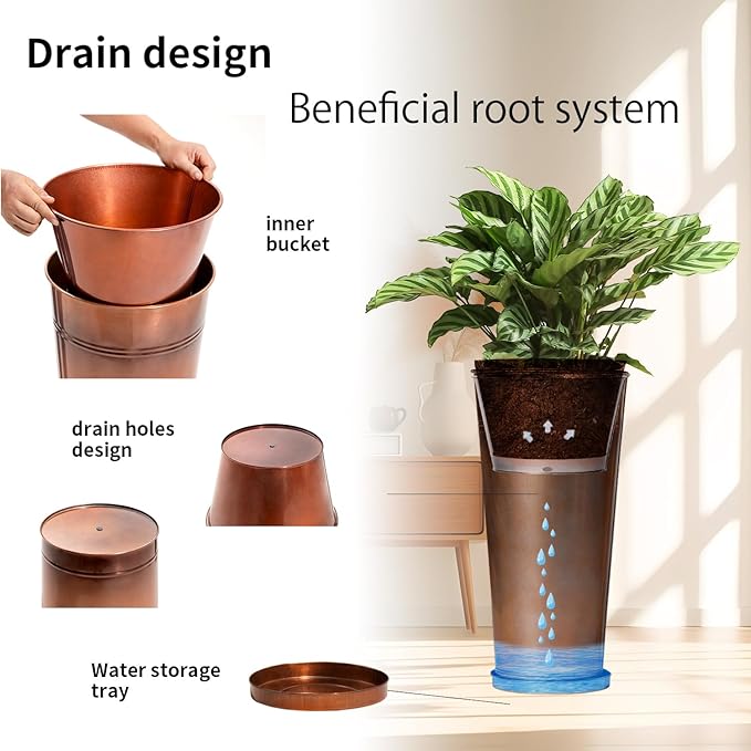 28in Tall Antique Copper Metal Vintage Planter Set of 2,Galvanized Steel Planter Pots for porches/Indoor/Outdoor/terraces Patio- Copper Color(2planters,2inner pots with Holes, 2trays)-Ruum Studio Home