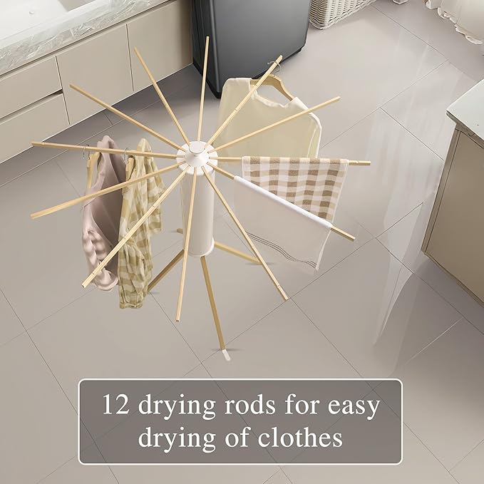 LEQ Drying Rack Portable,Foldable Drying Rack Clothing with 12 Wood Drying Arms, Standing Laundry Hanger Rack Round Collapsible & Portable Handle for Laundry Room, Balcony, Bedroom, RV-Ruum Studio Home