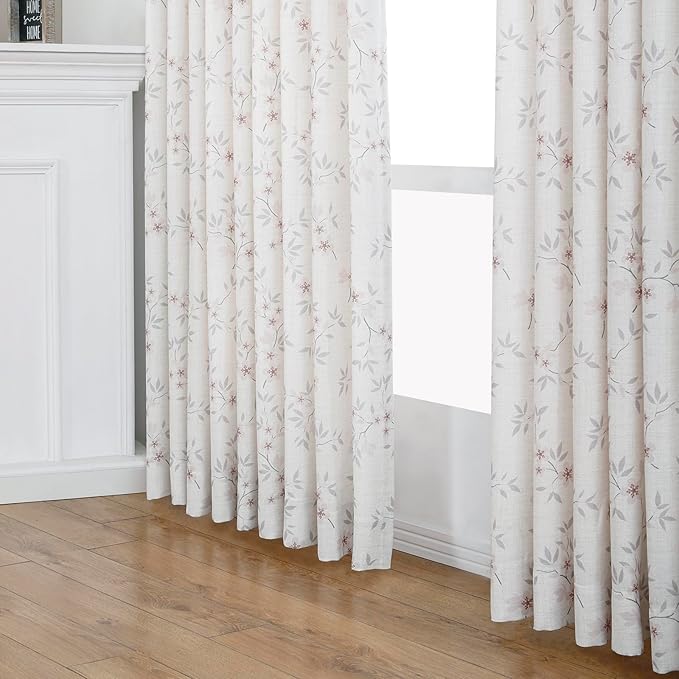 Pink Floral Pinch Pleated Linen Curtains - 2 Panels of Privacy Light-Filtering Printed Curtains Suitable for Dining Rooms and Farmhouses.40 Inches Wide by 106 Inches Long-Ruum Studio Home