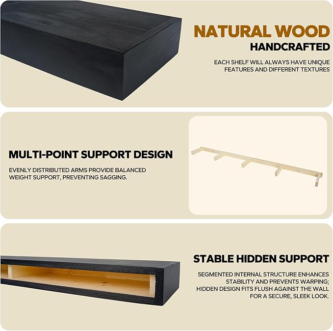 Floating Shelves 3 inch Thick for Wall Set of 2,Solid Pine Wood Wall Mount Shelf for Kitchen Living Room Bedroom Bathroom,8" D x 60" L x 3" H-Black-Ruum Studio Home