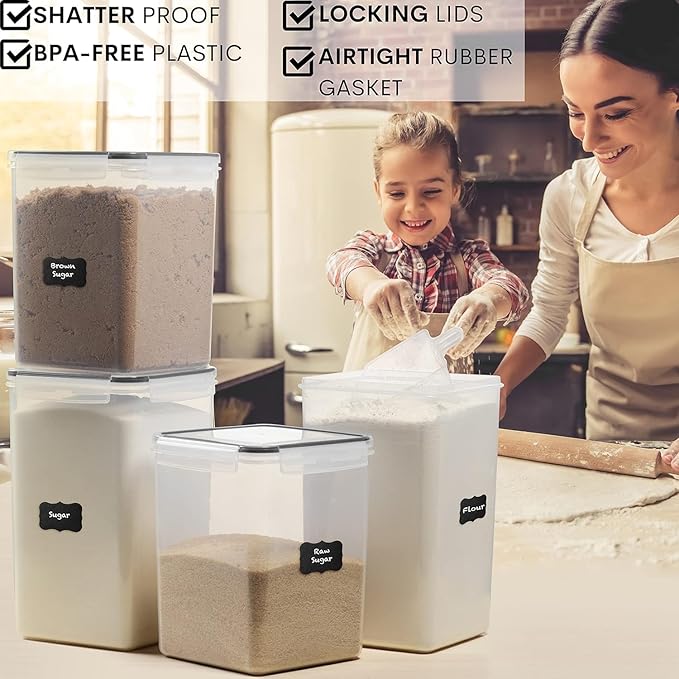 WHITE FEATHER SUPPLIES 4 Pc Flour Sugar Storage Container, Large Food Storage Containers with Lids Airtight for Kitchen, BPA Free Plastic Cereal Containers Storage [2 X 6.5 + 2 X 5.2] 4 Measuring Cup-Ruum Studio Home