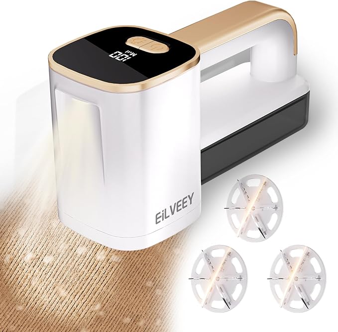 Rechargeable Lint Remover, Fabric Shaver Fuzz Remover, Sweater Shavers with 6-Leaf Blades, 3-Speeds Digital LED Display to Remove Pilling for Clothing and Furniture, Lint Ball, White-Ruum Studio Home