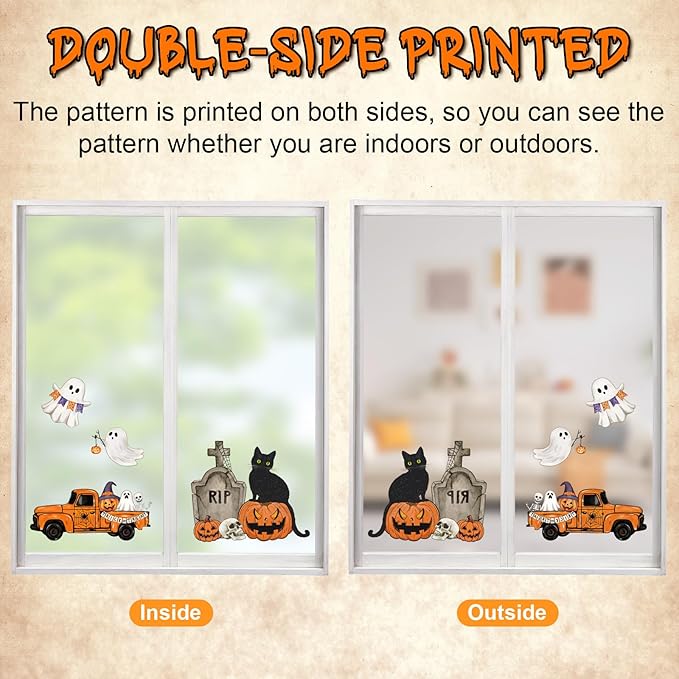 Vintage Halloween Window Clings 6 Sheets, Large Retro Spooky Ghost J-O-Lantern Pumpkin Reusable Window Decals Stickers for Home Halloween Party Decorations Supplies (Ghost)-Ruum Studio Home