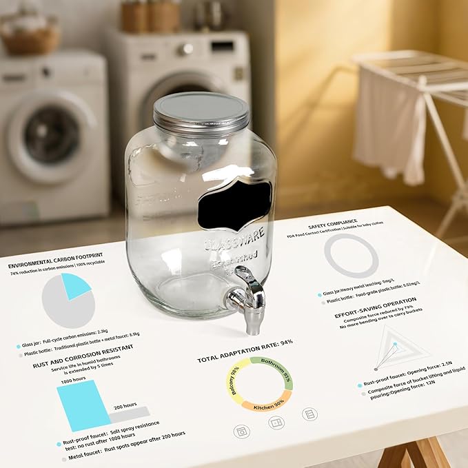 2-Pack 1 Gallon Glass Laundry Detergent Dispenser Set with Bamboo Lids and Stand - Liquid Soap and Fabric Softener Dispensers with Spigots, Cups, Labels and Mats, Laundry Room Organization and Storage-Ruum Studio Home