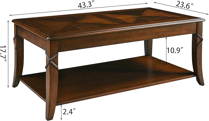 Solid Wood Coffee Table with Storage Shelf, Mid-Century Living Room Tables with Carved Tabletop and Leg, 43.3” Splicing Cocktail Center Sofa Table, Cherry Brown KFZ-DR200-Ruum Studio Home