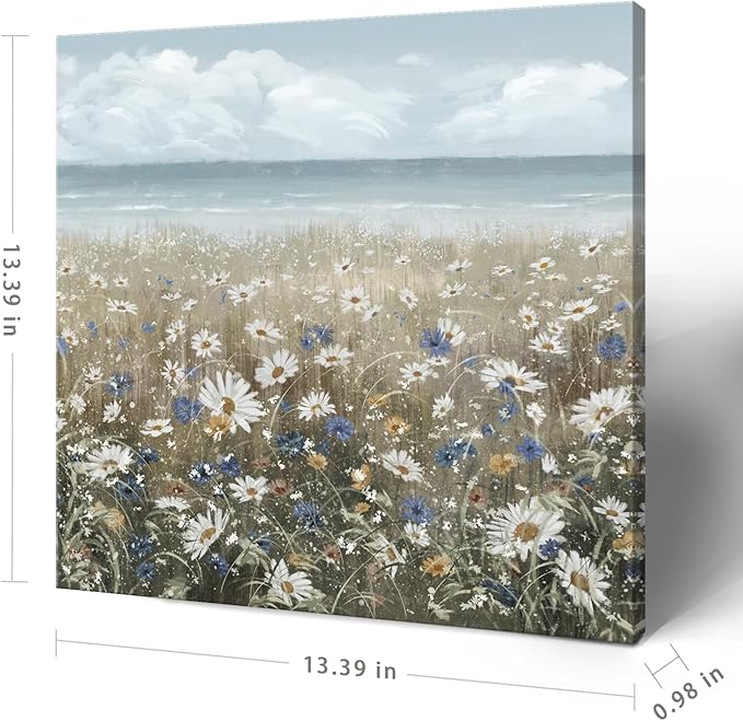 Canvas Wall Art Beach Floral Wall Picture Coastal Boho Farmhouse Daisy Flowers Nautical Sea Ocean Wildflowers Canvas Print Vintage Artwork for Small Rustic Bathroom Bedroom Living Room Office Décor-Ruum Studio Home