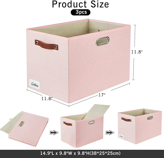 3-Pack Foldable Fabric Storage Bins with Durable PU & Metal Handles, Collapsible Storage Baskets for Shelves, Home Storage, Closet Organizers, Living Room(17"x11.8"x11.8", Pink)-Ruum Studio Home