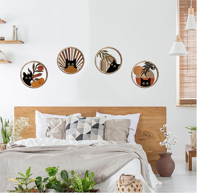 RETRART Boho Black Cat Wall Art Black Cat Room Decor Aesthetic, 4-Piece Farmhouse Geometric Wooden Cat Wall Decor Mid-Century Bohemian Moon Sun Design for Nursery, Bedroom Perfect Cat Lover Gifts-Ruum Studio Home