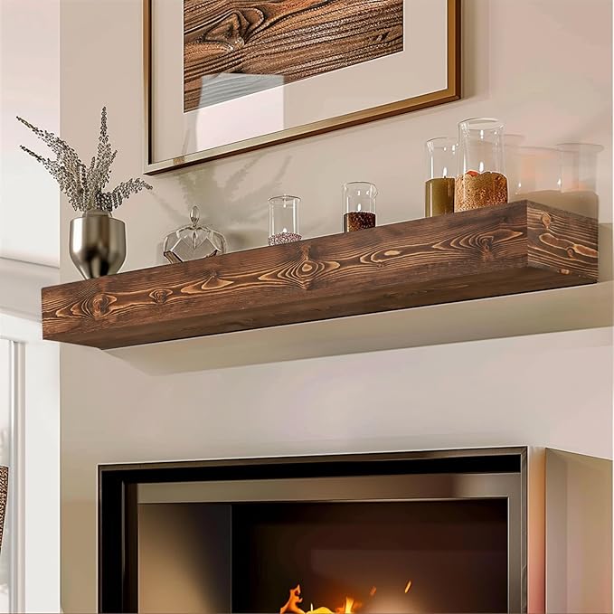 48x8x5 Fireplace Mantel - Handcrafted Hollow Rustic Solid Wood Wall Mounted Floating Shelf with Invisible Heavy Duty Wood Bracket (Weathered Brown)-Ruum Studio Home
