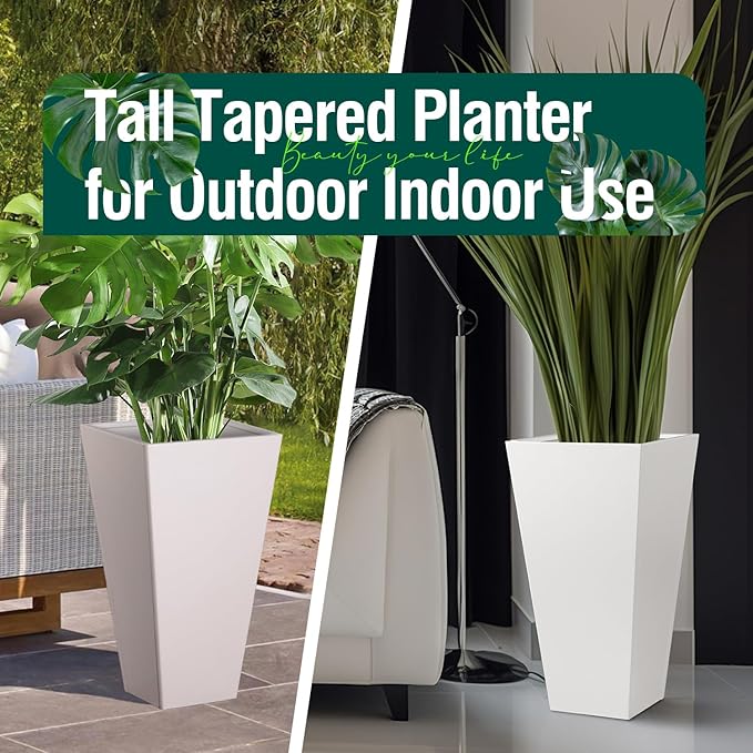 Tall Tapered Planter Front Porch Taper Metal Modern Flower Plant Pot White Square Galvanized Steel Planter 30 In Indoor Outdoor for Garden Patio Grande Plant Tree Commercial Residential Heavy Duty-Ruum Studio Home