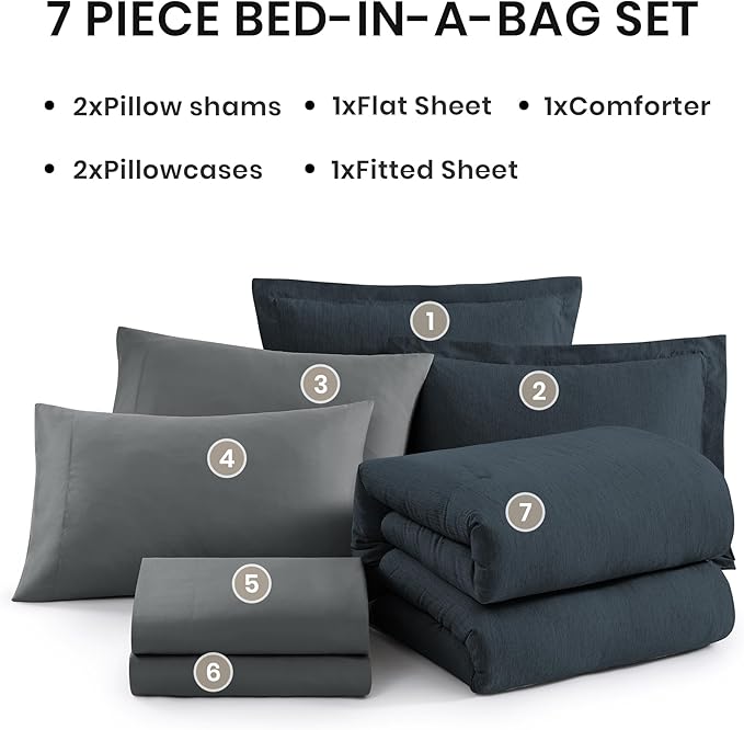 Monbix Queen Comforter Set - 7 Pieces Cationic Dyeing Navy Blue Bed in a Bag Queen Bedding Sets with Comforter, Sheets, Pillowcases & Shams, Reversible Bedding Comforters Sets-Ruum Studio Home