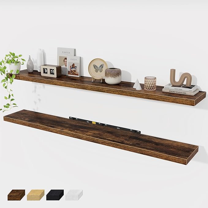 Fun Memories 72 Inch Floating Shelves for Wall 2 Pack Shelves for Bedroom|Kitchen|Bathroom 72 x 9.3 Inch Wood Floating Shelf with Invisible Brackets for Books|Storage|Decor, Rustic Brown-Ruum Studio Home