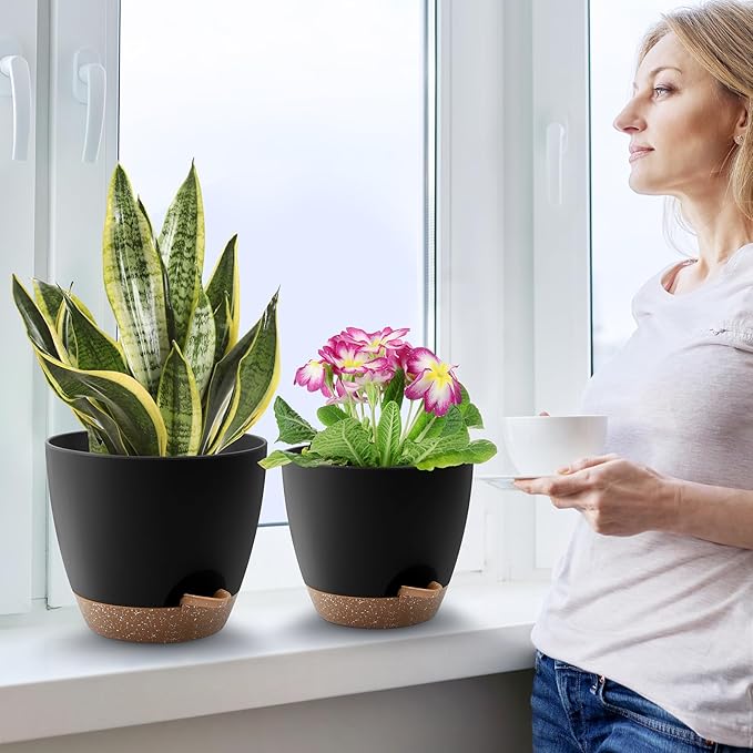 Plant Pots 12/10/9 Inch Self Watering Pots, Set of 3 Plastic Planters with Drainage Holes and Saucers,Plastic Flower Pots,Nursery Planting Pot for Indoor Out Door Plants(Black)-Ruum Studio Home