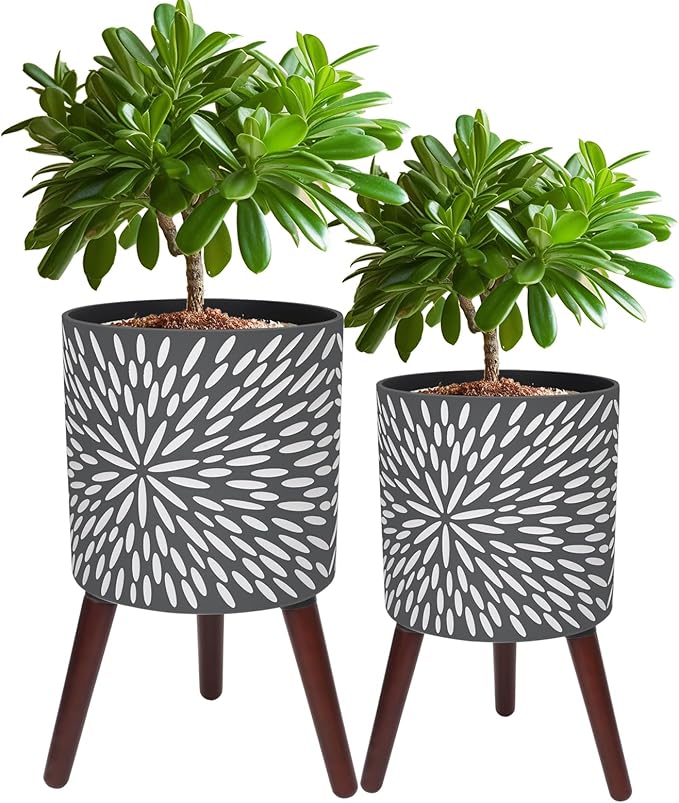 10 & 12 Inches Plant Pot with Stand Set of 2, Large Matte Gray Modern Planters for Indoor Outdoor Plants with Drainage Holes, Big Flower Pots with Wood Legs-Ruum Studio Home