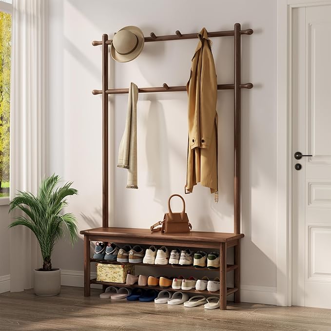 Coat Rack with Shoe Storage, Wooden Hall Tree with Bench, 11 Hooks and 2-Tier Storage Shelves, 3-in-1, Entryway Bench with Coat Rack (39.3"-Walnut)-Ruum Studio Home