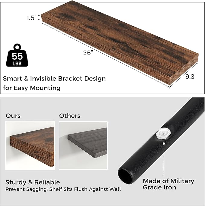Floating Shelves - 2 Large Wall Mounted Shelves with Invisible Brackets, Long Wood Floating Wall Shelf for Living Room, Bedroom, Kitchen (Brown, 36" W x 9" D x 1.5" H)-Ruum Studio Home