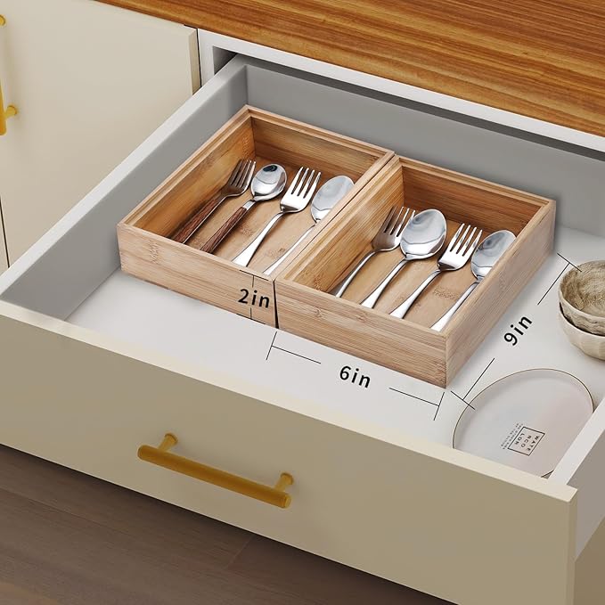 Bamboo Drawer Organizer, 2PCS Stackable Storage Boxes for Utensil Organizer, Wood Tray for kitchen, Bathroom and Bedroom 9" x 6" x 2"-Ruum Studio Home
