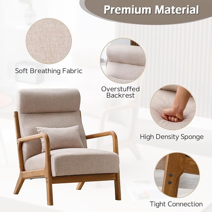 INZOY Mid Century Modern Accent Chair with High Back, Upholstered Living Room Chairs with Waist Cushion, Wood Frame Reading Armchair for Bedroom Sunroom, Beige-Ruum Studio Home