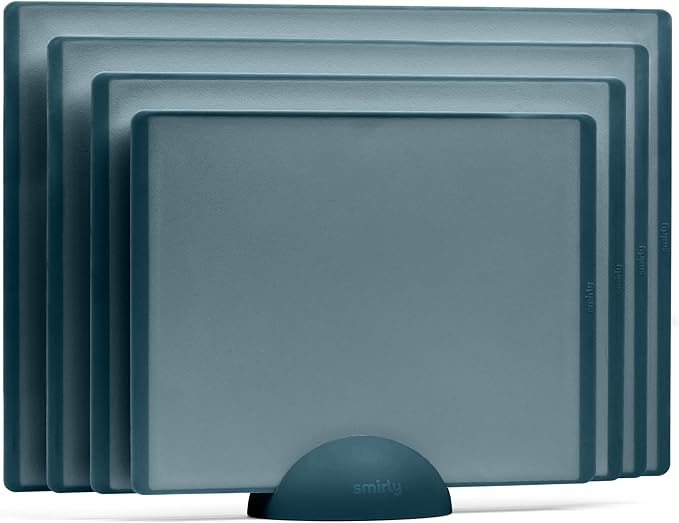 SMIRLY Plastic Cutting Board Set with Holder 4 Pieces, Non-Slip Dishwasher Safe Chopping Boards for Kitchen, Blue-Ruum Studio Home