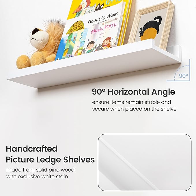 Picture Ledge Shelf for Wall, 24 inches Solid Pine Wood Nursery Book Shelves 3 Packs, Floating Ledge Shelves for Kids' Room Bedroom Bathroom Living Room Photo Frames Office Nursey Wall Decor, White-Ruum Studio Home