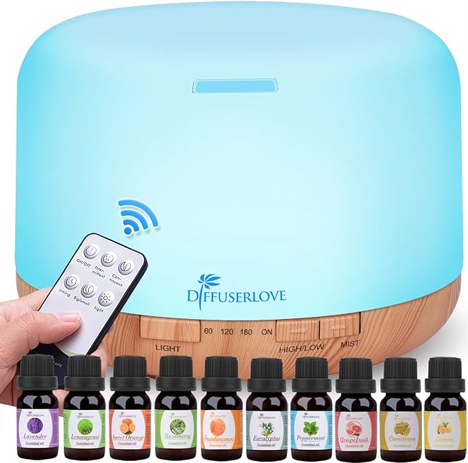 Diffuserlove Diffuser Essential Oil Diffusers 500ML Remote Control Aroma Diffuser Cool Mist Aromatherapy Diffuser with Mute Design, Timer and Auto Shut-Off for Office Living Room Yellow-Ruum Studio Home