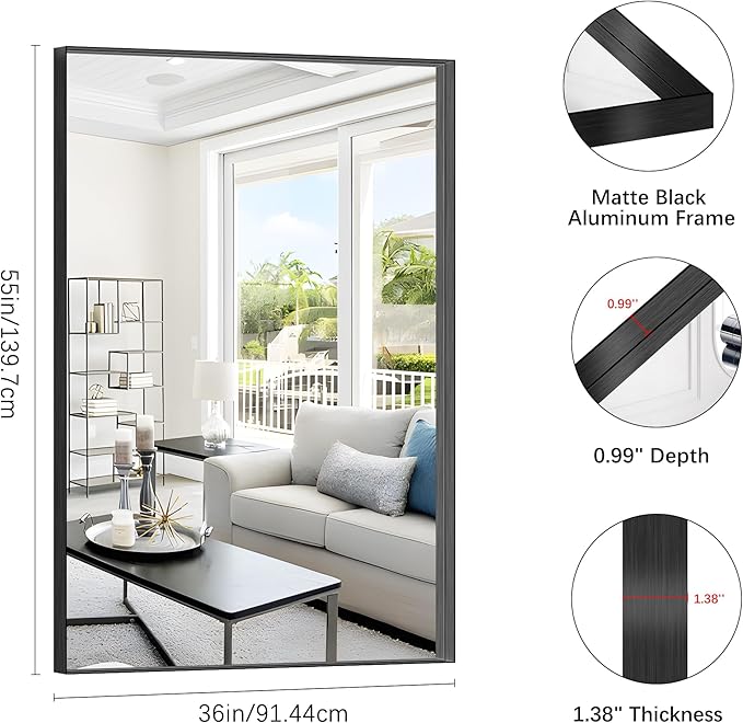 Black Bathroom Mirror, 36x55 Inch Rectangular Deep Frame Mirror, Large Wall Mounted Bathroom Vanity Mirror Over Sink for Bedroom,Restroom, Living Room, Hangs Vertically or Horizontally-Ruum Studio Home