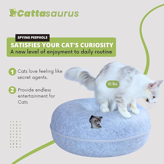 Cattasaurus Peekaboo Cat Cave, Extra Spacious for Multiple & Large Cats 12+ lbs, Scratch Detachable Beds for Indoor Cats, Washable Tunnel Bed, Comfy Cat Donut Tunnel (Light Gray+Dark Gray, Jumbo)-Ruum Studio Home