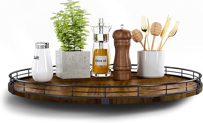 Farmhouse Oak 18" Lazy Susan Turntable Organizer for Cabinet, Round Wooden Lazy Susan Organization and Storage for Dining Table, Pantry, Kitchen, Countertop, Cupboard,Home Decor, Walnut Wood (18")-Ruum Studio Home