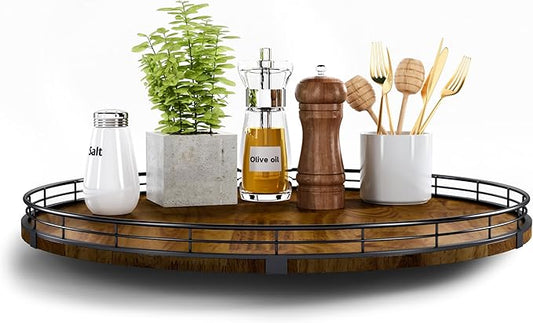 Farmhouse Oak 18" Lazy Susan Turntable Organizer for Cabinet, Round Wooden Lazy Susan Organization and Storage for Dining Table, Pantry, Kitchen, Countertop, Cupboard,Home Decor, Walnut Wood (18")-Ruum Studio Home