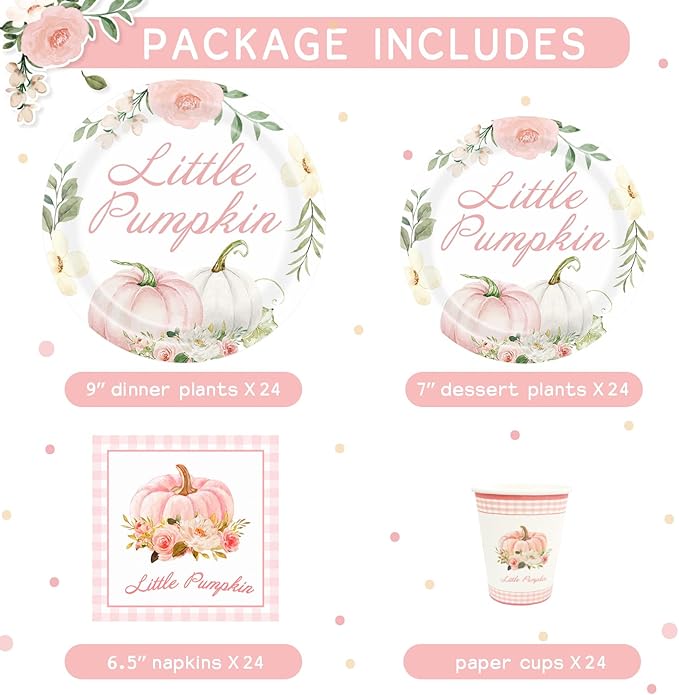 Aukolass Pumpkin Party Supplies Tableware Set - Fall Theme Party Decorations Including Plates, Napkins and Cups for Pumpkin Birthday and Baby Shower Party, Serves 24 Guests (pink)