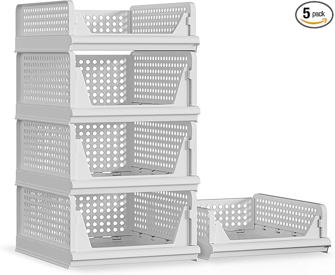 5 Pack Stackable Plastic Storage Basket Closet Organizer Bin Foldable Clothes Organizer Storage Drawer Shelf Container for Living room Bathroom Kitchen Office (3L+2S)-Ruum Studio Home