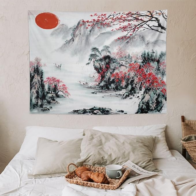 Cherry Blossoms Tapestry, Japanese Red Landscape Asian Watercolor Abstract Art, Bedroom Living Room Decor 40"x30"-Ruum Studio Home