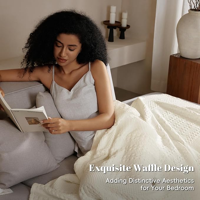 PHF 100% Cotton Waffle Weave Blanket Queen Size, Soft Lightweight Breathable Cozy Summer Blankets for Bed, Luxury Aesthetic Woven Bedding for Home Decor, 90"x90", Cannoli Cream-Ruum Studio Home