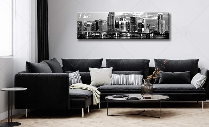 DJSYLIFE Miami Skyline Wall Art Decor Panoramic Cityscape Picture Modern USA City Night View Canvas Prints for Bedroom Office Living Room Decoration Stretched and Framed Ready to Hang 13.8"x47.3"-Ruum Studio Home