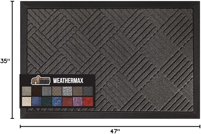 GORILLA GRIP 100% Waterproof All-Season WeatherMax Doormat, 47x35, US Designed Natural Rubber, Stain and Fade Resistant, Low Profile Indoor Outdoor Door Mats, Easy Clean Patio Mat, Gray Diamond-Ruum Studio Home