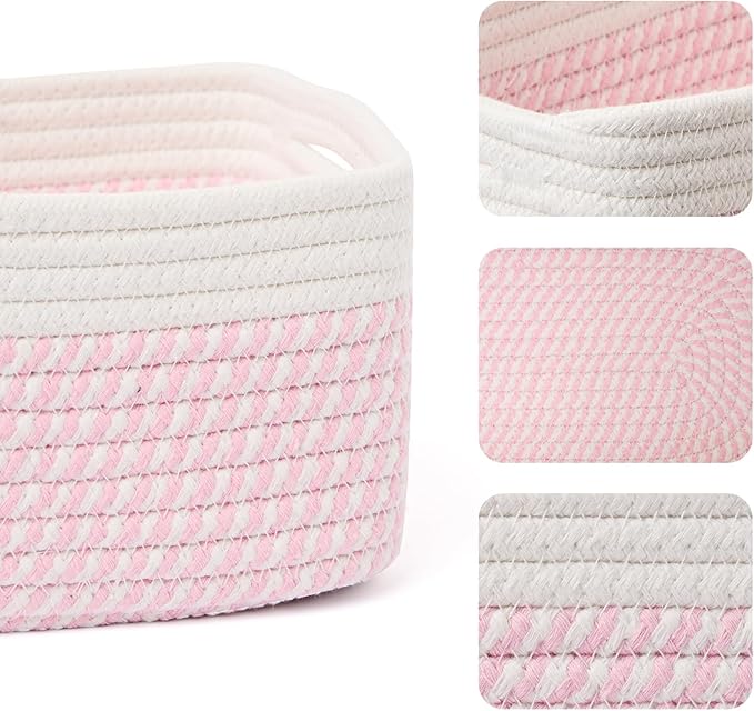 Small Storage Baskets for Organizing | Closet Organizer Bins | Shelf Toy Basket | Woven Rope Baskets | Cube Decorative Box | Shallow Basket | 13x8.5x5.1” | 3 Packs White Pink-Ruum Studio Home