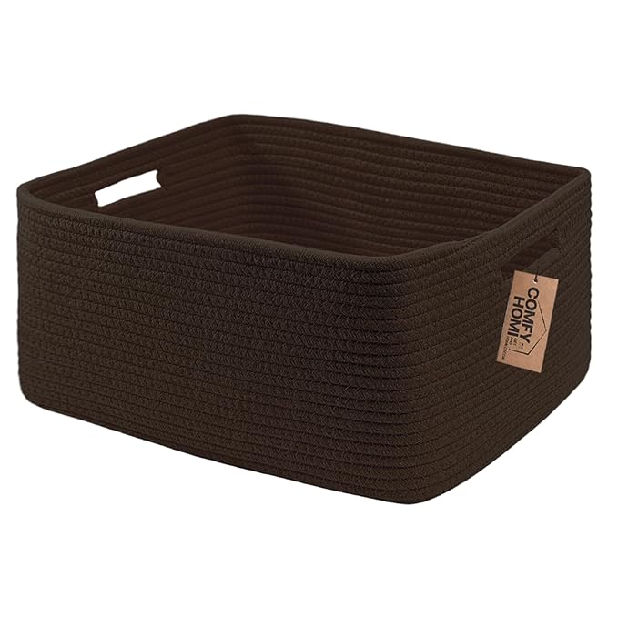 COMFY-HOMI Cotton Rope Woven Basket with Handles for Shelves,Toys,Book, Cloth Storage Baskets for Organizing-17" x 13" x 7.5" Toy Decorative Organizer for Living Room, Bathroom （dark brown）-Ruum Studio Home