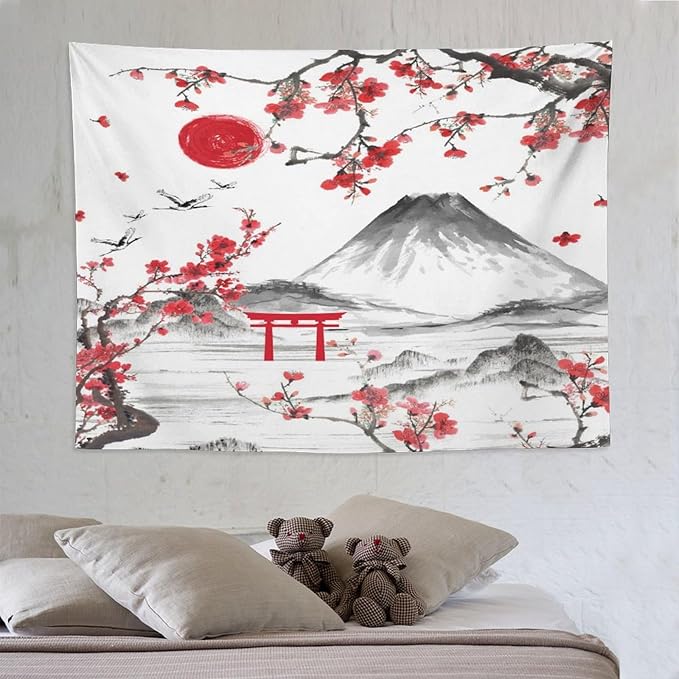 Red Cherry Blossoms Tapestry, Japanese Fuji Mountain Tapestry, Asian Japanese Wall Tapestry, Nature Landscape Tapestries for Bedroom Living Room Decor 80"x60"-Ruum Studio Home