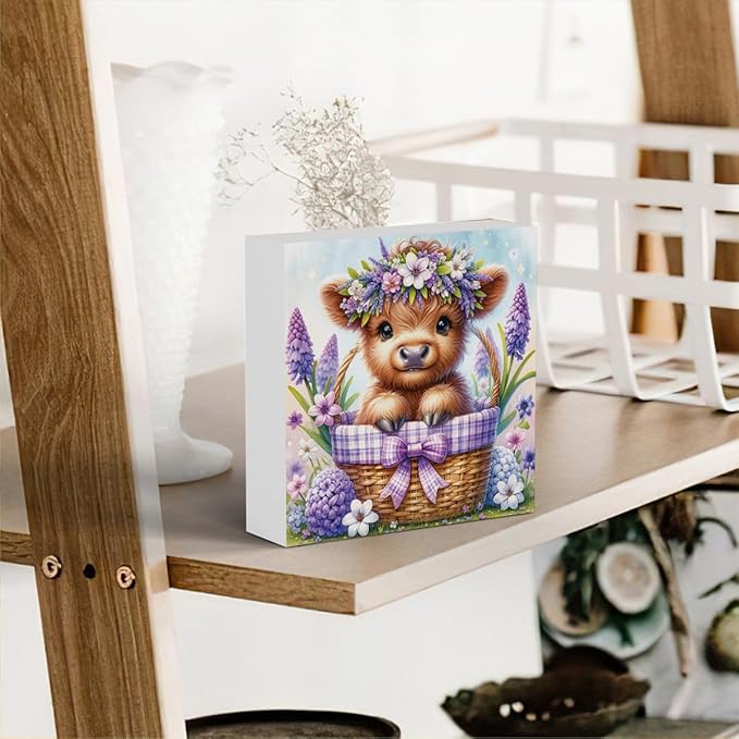 Highland Cow Hyacinth Flowers Decor, Highland Cow Bathroom Decor, Highland Cow Baby Decor, Highland Cow Nursery Decor, Wooden Box Decor Sign for Home Farmhouse Office Living Room Table Shelf Tiered-Ruum Studio Home