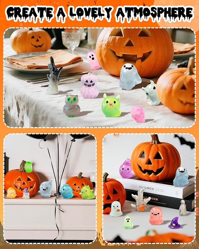 72 Pcs Halloween Mini Resin Animals Figures Kit - Luminous Tiny Resin Figurines Accessories, Glow in The Dark Miniature Ghost Figurines for Halloween Party, Micro Landscape, Tabletop Decor-Ruum Studio Home