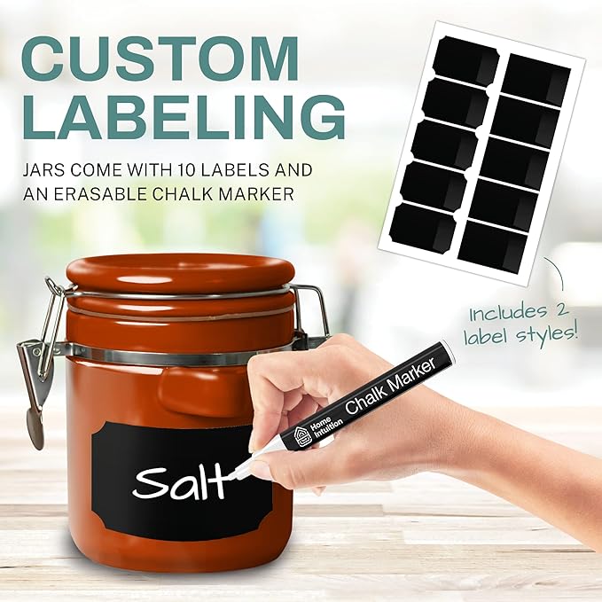 Home Intuition Ceramic Kitchen Canisters Set of 4 with Wooden Spoon Set – Airtight Containers, Metal Latches for Utmost Freshness – Sugar, Coffee, Flour, Tea & More | Rust-Ruum Studio Home