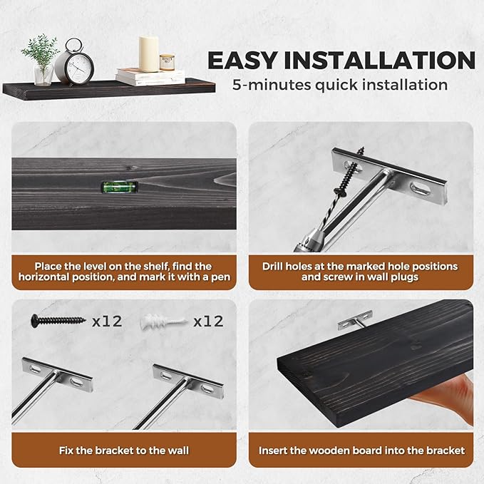 Floating Wall Shelves 3-Pack - 24-Inch Rustic Black Wooden Shelves for Storage and Décor, Easy Installation for Living Room, Bedroom, and Kitchen-Ruum Studio Home