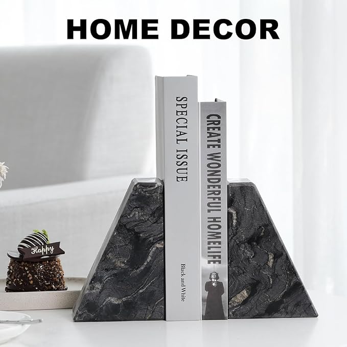 Marble Bookends for Heavy Books, Decorative Book Ends for Shelves, Titanium Black Stone Durable and Heavy-Duty Book Ends for Hardback Books & CDS, Unique Book Stopper & Holder, Set of 2-Ruum Studio Home