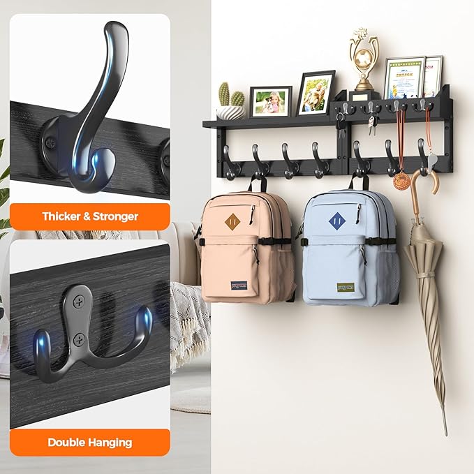 29" Coat Rack Wall Mount with Shelf, 4 in 1 Wall Mounted Coat and Key Hanger with 11 Hooks, Entryway Key Holder with Mail Holder for Living Room, Bedroom, Black-Ruum Studio Home